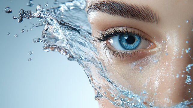 Close up of a woman's blue eye with water splashing around it.