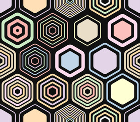 Hexagon grid pattern. Geometric elements of varied style and color. Large hexagons. Tileable pattern. Seamless background. Vibrant vector illustration.