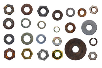 Collection of various used nuts and washers showcasing their rust, scratches, and unique shapes...