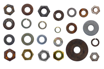 Collection of various used nuts and washers showcasing their rust, scratches, and unique shapes isolated against a transparent background.