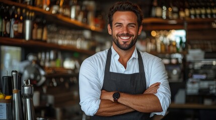 Fototapeta premium A man with a black apron and a watch is smiling in front of a bar