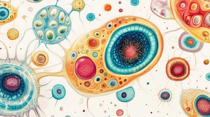 A detailed illustration of colorful animal cells, arranged on a white background, emphasizing their complexity and function.