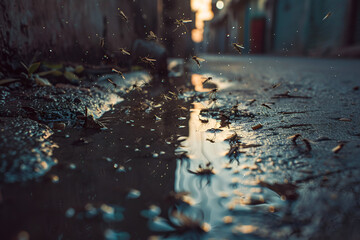 Mosquitoes swarming over puddle in urban alley
