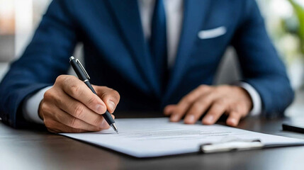 businessman’s hands holding a pen while writing on paper. The scene emphasizes attention to detail, professionalism, and commitment. Ideal for themes related to business, finance, and productivity