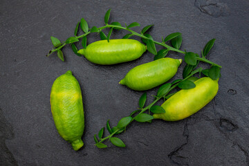 Ripe yellow oblong citrus fruits with green sprigs on the black slate slab, close-up. Australian finger lime plant indoor growing. Microcitrus australasica, Faustrimedin