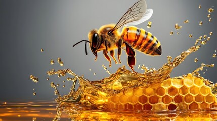 3D render of bee splashing honey, honeycomb background, macro shot, grey gradient, highly detailed