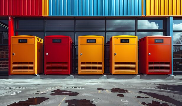 a row of red and yellow lockers.  - Powered by Adobe