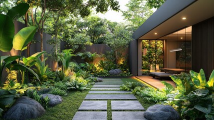 Obraz premium botanical oasis, lush greenery in a serene garden setting invites you to embrace the soothing touch of natures beauty