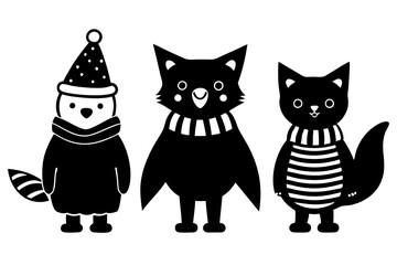 Foxes, Owls, and Bears in Christmas Gear in white background