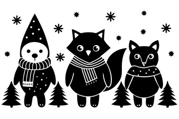 Foxes, Owls, and Bears in Christmas Gear in white background