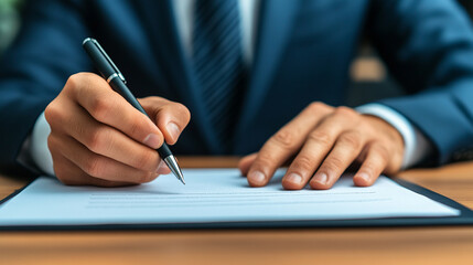 businessman’s hands holding a pen while writing on paper. The scene emphasizes attention to detail, professionalism, and commitment. Ideal for themes related to business, finance, and productivity
