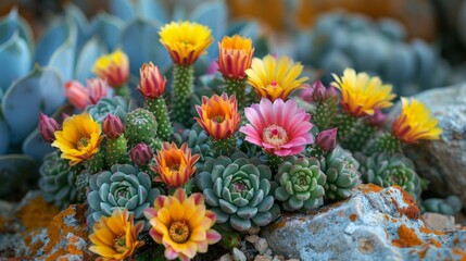 Obraz premium A desert landscape with cacti and succulents in bloom, their bright flowers contrasting against the sandy, arid environment, symbolizing resilience and beauty. 