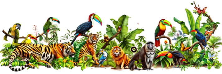 Collection of jungle animals, such as a tiger, monkey, parrot, and toucan, vibrant and dynamic, isolated on a white background