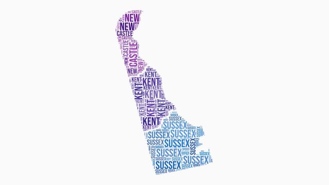 Delaware counties word cloud animation. State logo animated video. Delaware colored text cloud. Counties typography style motion graphics. Trending video.