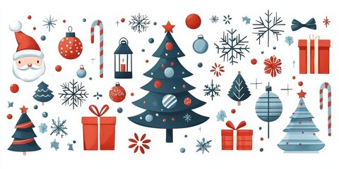 Set of Christmas illustrative art decorations and decor isolated on white background
