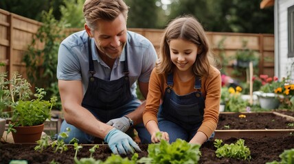 couple planting flowers in garden