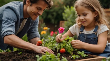 parent and child planting flowers