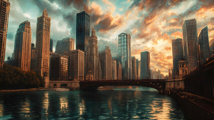 Obraz premium A stunning sunset over the Chicago skyline with skyscrapers and the river in view, capturing the essence of an urban cityscape