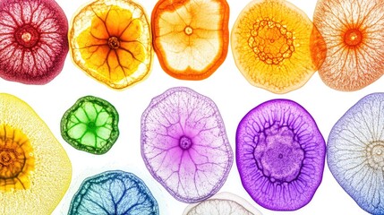 Fototapeta premium A vibrant array of plant cells, each in different colors, isolated against a white background, highlighting the complexity of plant biology.