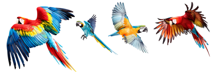 Set of various birds in flight, including a parrot, eagle, and sparrow, detailed feathers and vibrant colors, isolated on a white background