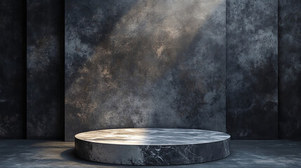 Modern dark concrete backdrop with a touch of luxury. Features a marble platform for display.