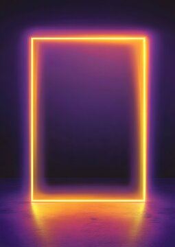 A bright yellow neon rectangle shape glowing in the dark on a purple background with a reflection below.