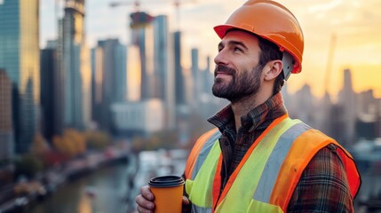 Construction Worker Taking a Break with a Cup of Coffee