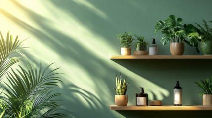 Plant-themed shelf on a green wall for displaying products. It's a simple and trendy way to highlight items with a natural touch.