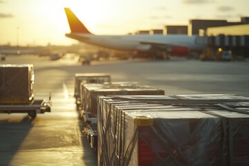 Air freight cargo on airport tarmac ready for loading onto airplane at sunrise. Concept of global shipping and logistics.