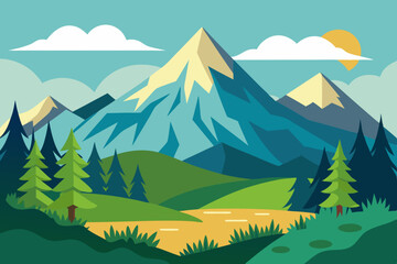 Naklejka premium Nature illustration with mountains and forest 