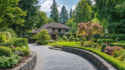 Obraz premium Stone pathway leading to a house with lush green landscaping.