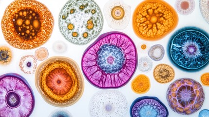 Animal cells in a variety of vibrant colors, displayed on a white background, highlighting the beauty and complexity of cellular biology.