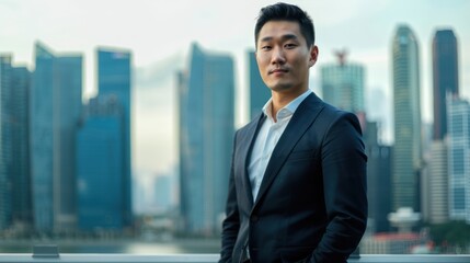 Fototapeta premium Asian businessman standing confidently in front of a city skyline