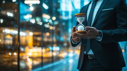 Business executive holding an hourglass at modern office setting, time optimization and management for work concept.