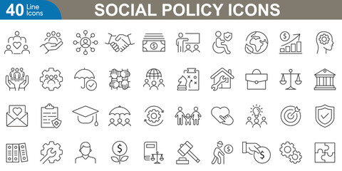 Social policy line icons set. welfare, public, health, education, economic, housing, labor, justice, community and more. vector illustration.