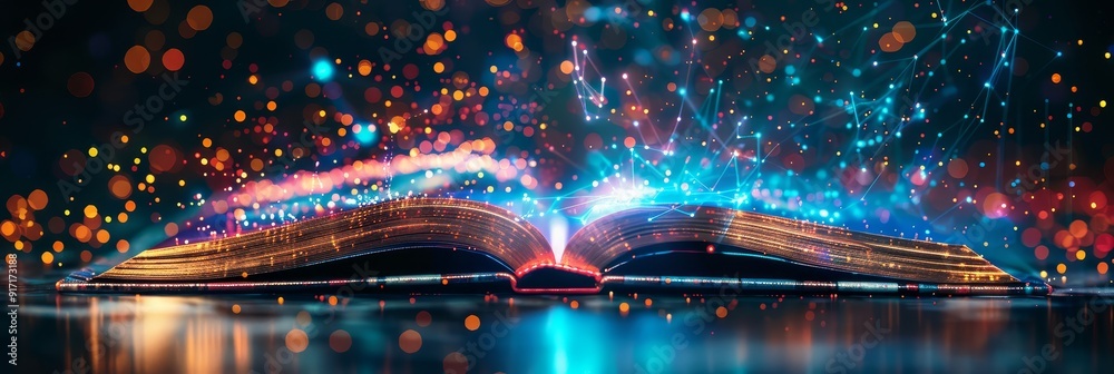 Poster open book with colorful data visualizations emerging symbolizing the intersection of knowledge and t
