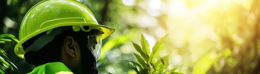 Close-up of a worker wearing protective gear and hard hat amidst lush greenery with sunlight filtering through, symbolizing environmental conservation.