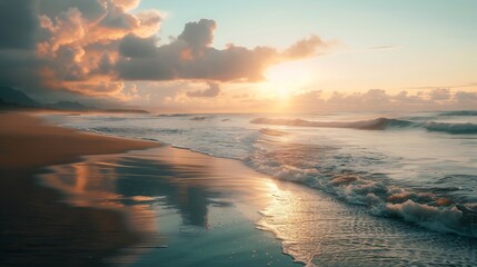 Sunset Over the Ocean with Waves Crashing on a Sandy Beach