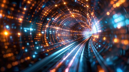 Fototapeta premium Futuristic Tunnel with Vibrant Lights and Motion Blur, High-Tech Digital Concept, Abstract Background for Technology and Innovation Themes