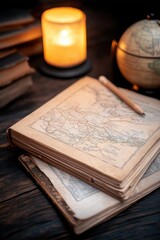 Obraz premium Vintage Map and Globe with Candlelight on Wooden Table - Historical Exploration Concept