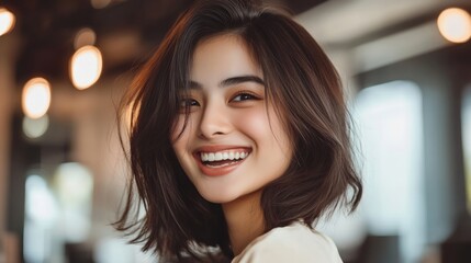 A cheerful woman smiles brightly while receiving beauty treatments in a salon