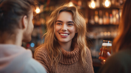 Obraz premium A woman with wavy hair shares a laugh with friends while savoring a beverage in a lively bar atmosphere filled with warm lighting