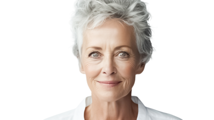 Portrait of a beautiful smiling old woman with white hair isolated on transparent background.
