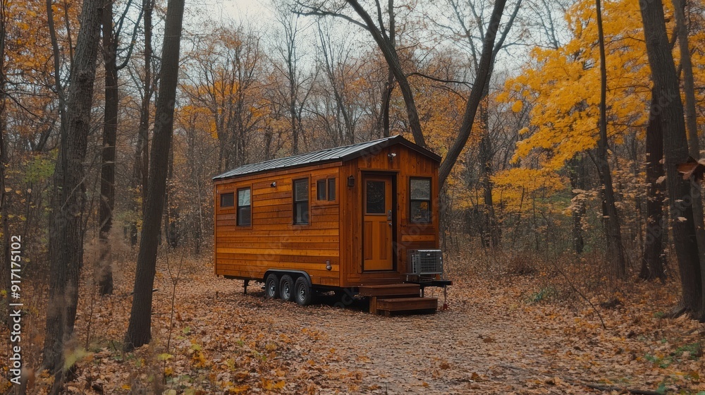 Wall mural A small wooden cabin with a metal roof sits in the middle of a forest with fall leaves scattered on the ground.