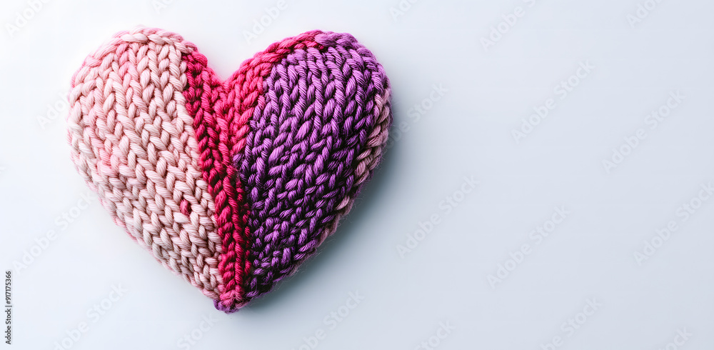 Wall mural Colorful knitted heart on a white background. Top view with copy space design