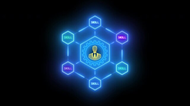 Skills concept. Business capabilities help professionals perform processes that increase a business's chance of success. Glowing neon line animated skills icon isolated on transparent background.