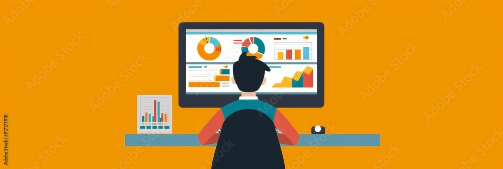 Poster a data analyst sits at a computer, analyzing charts and graphs on the screen. the image symbolizes d