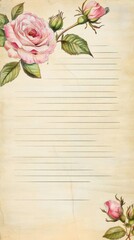 Vintage Elegance: A Collection of Lined Papers for Writing, Adorned with Illustrated Retro Roses on Aged, Torn Paper for Classic Retro Designs and Plant Love Albums