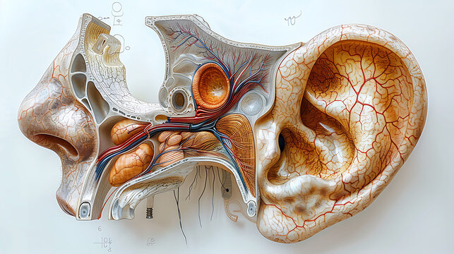Anatomical illustration of human ear showing detailed structure of outer ear middle ear inner ear including cochlea auditory nerve, ear anatomy outer ear middle ear inner ear cochlea auditory