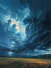 Fototapeta premium Dramatic landscape featuring a thunderstorm with jagged lightning bolts illuminating a dark, stormy sky; towering clouds with dynamic textures and moody atmosphere over a vast open plain. --ar 3:4 Job